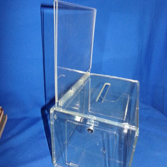 New-LG Acrylic Plastic Locking Ballot, Raffle, Donation Box w/ Advertising Sign - Picture 1 of 7